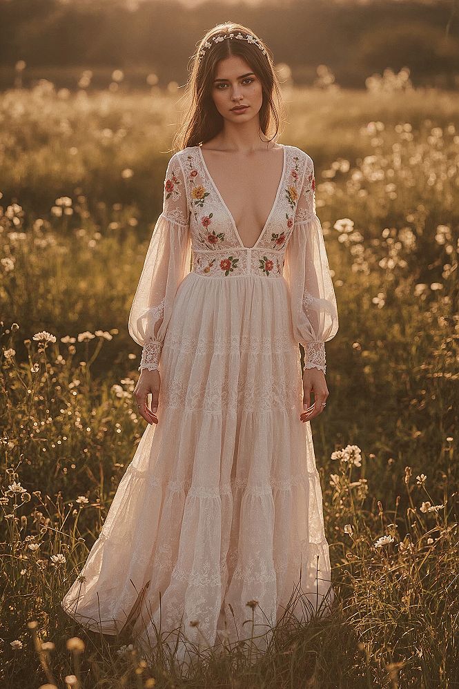 Boho Fairytale Vibes: Floral Embroidery Wedding Gowns