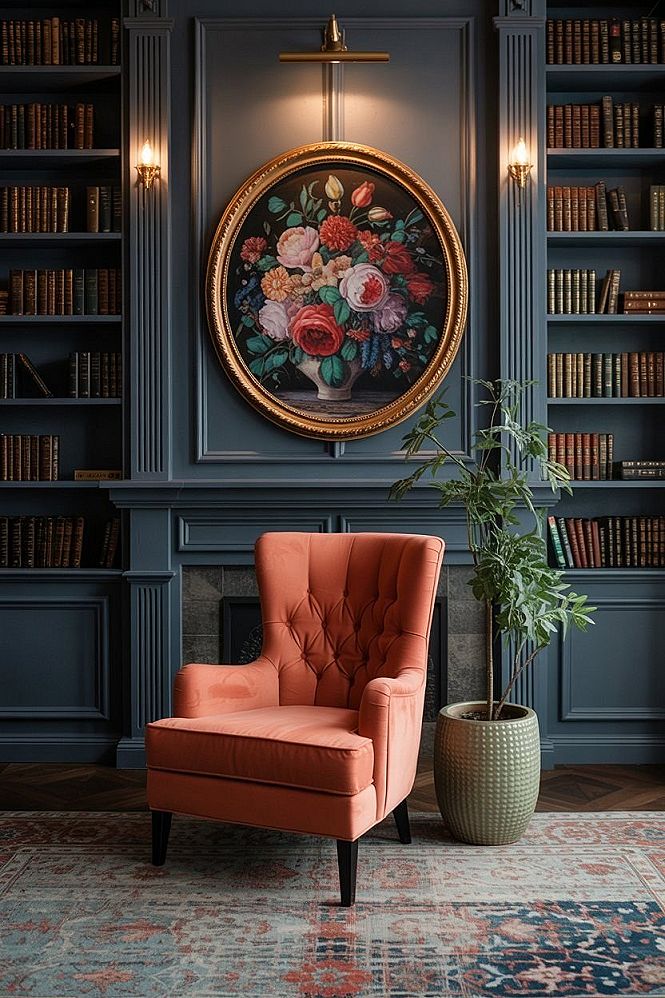 Bold Bridgerton Style: Dark Blue Bookshelves & Vibrant Decor