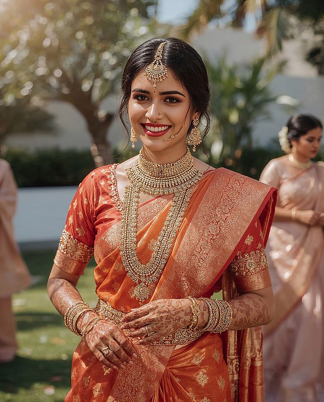 Radiant South Indian Bride: Burnt Orange & Gold Wedding Style
