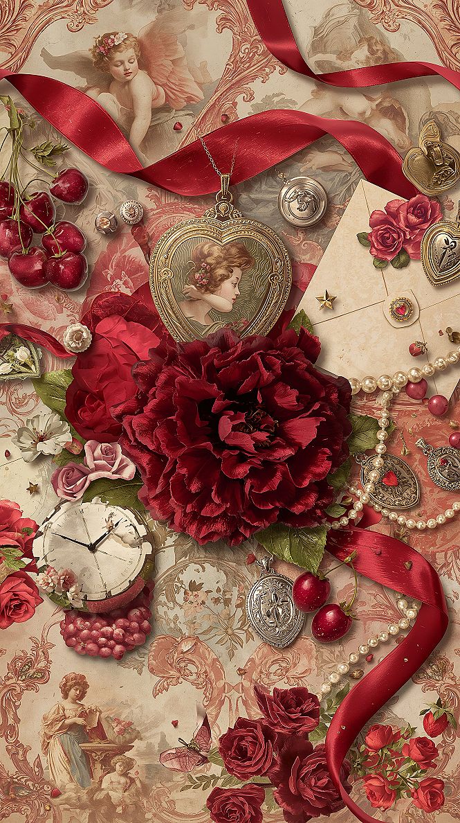 Vintage Valentine's February Collage: Romantic Aesthetic Wallpaper