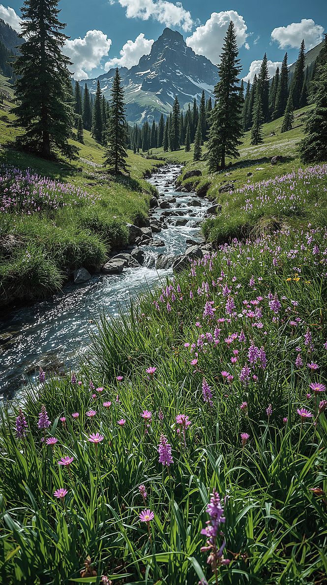 Alpine Valley Escape: Lush Meadows & Majestic Mountain Landscapes