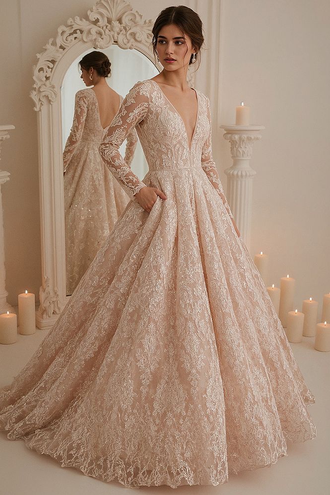 Dreamy Rosegold Ball Gown with Floral Lace and Tulle Sleeves
