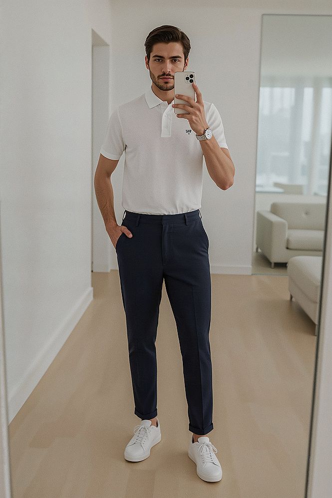 Office Style Upgrade: Smart Casual Polo & Navy Pants for Men