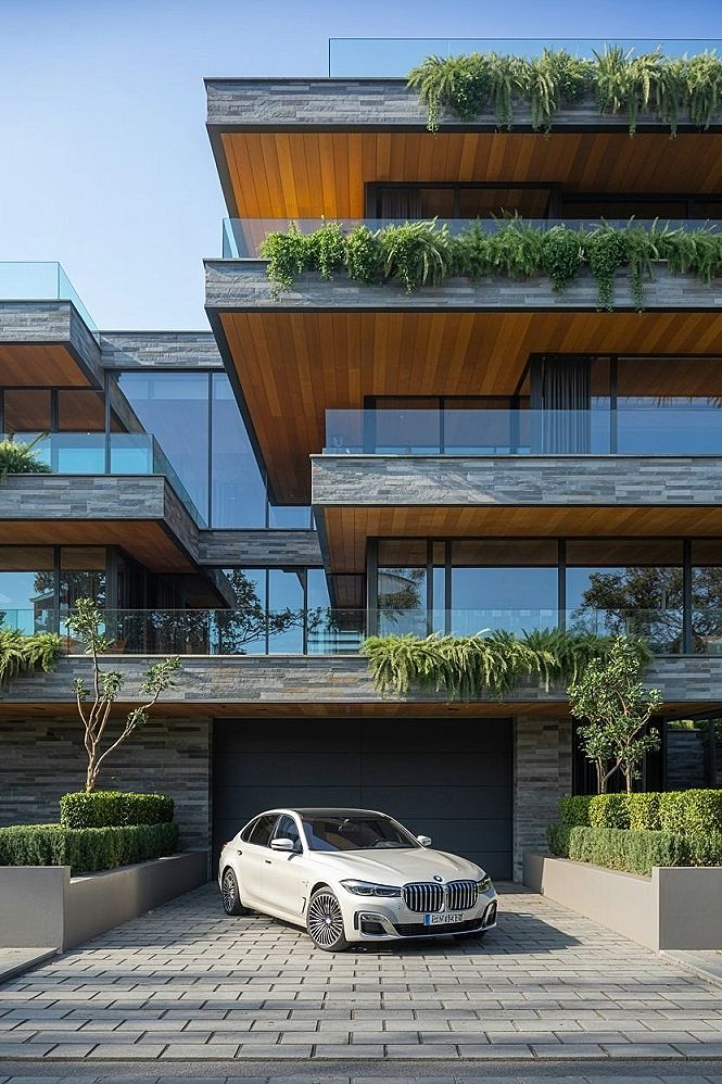 Contemporary House Design with Car: Luxury Stone Exterior