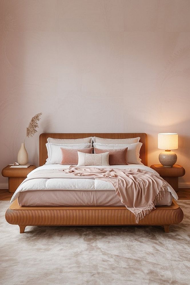 Modern Teak Wood Platform Bed: Luxurious Bedroom Accent