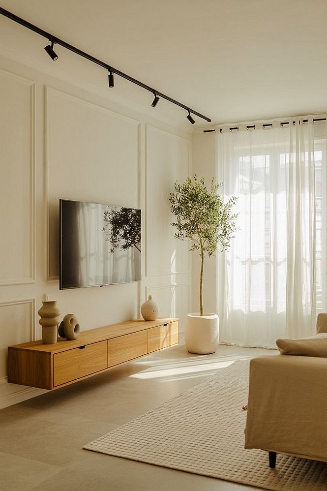 Chic Minimalist Living Room with Warm Wood Accents