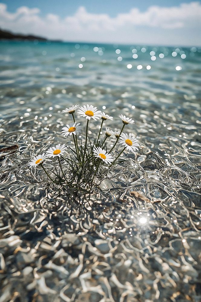 Coastal Tranquility: Blooming White Daisies by the Sea
