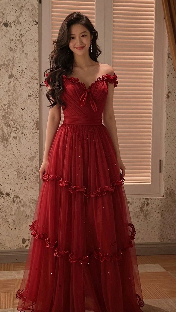 Styling an Off-the-Shoulder Red Ball Gown with Tiers