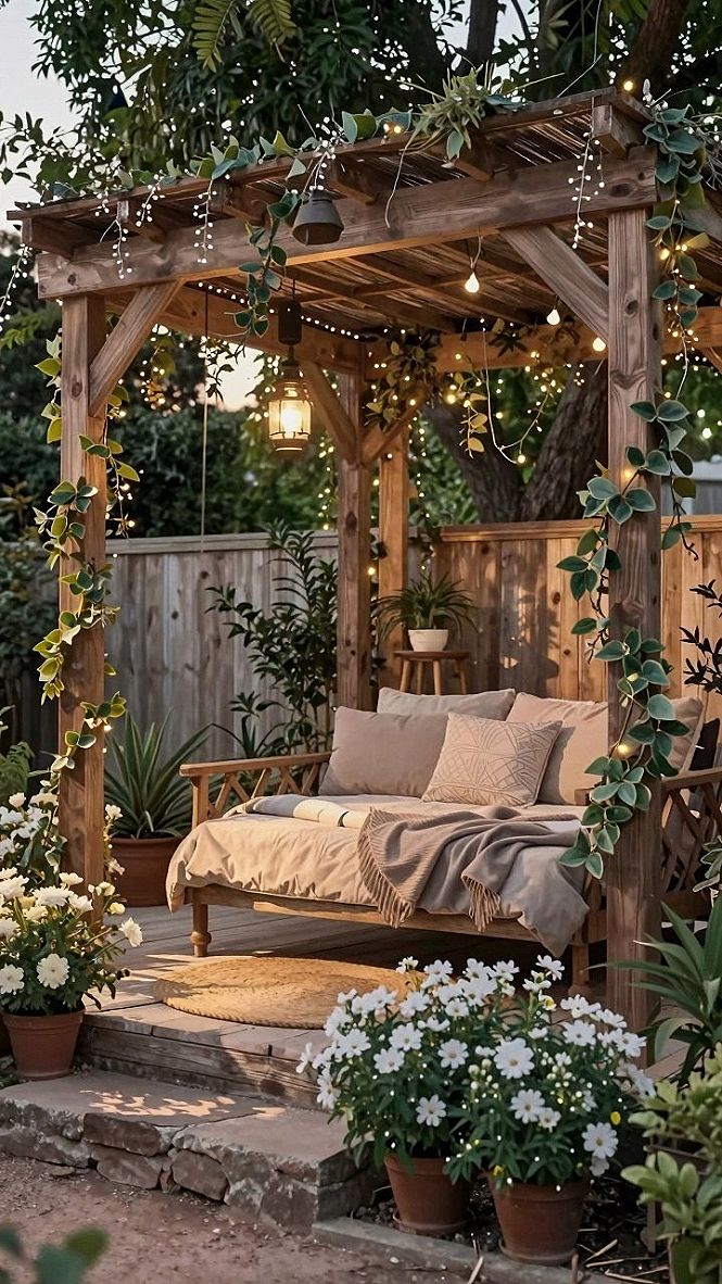 Hanging Wood Swings Beneath a Garden Pavilion Canopy