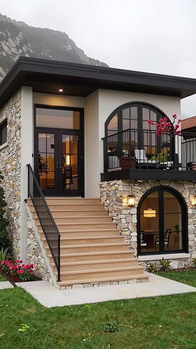 Pairing Natural Stone Cladding with Sleek Black Metal Railings