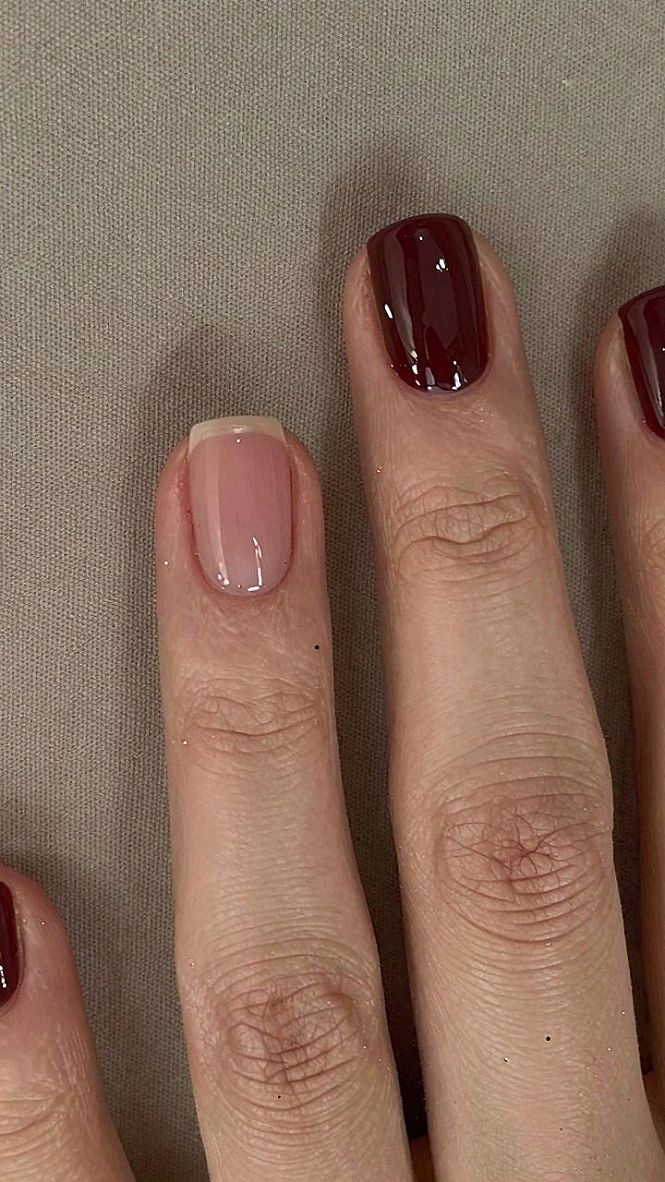 Mixing Glossy Nude Bases with Dark Red Accent Nails