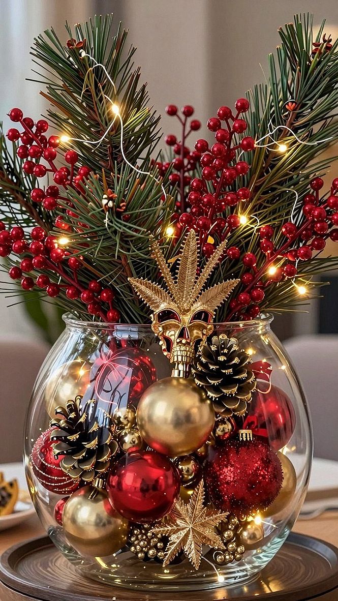 Styling Holiday Glass Bowls with Pine Branches and Lights