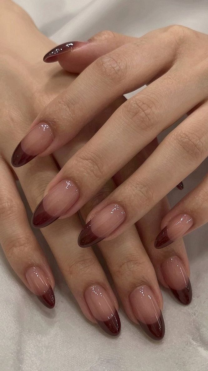 Rich Brown French Tip Almond Nails for Warm Styling