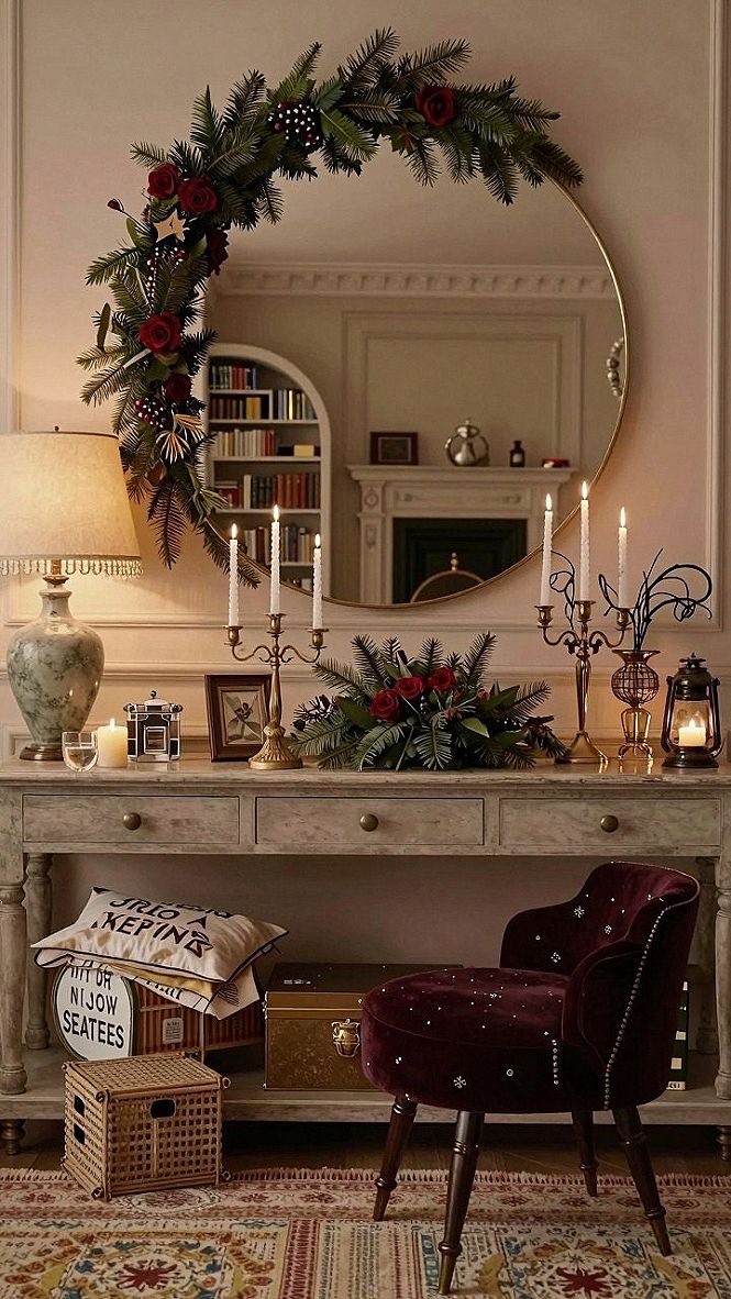 Decorating a Round Wall Mirror with Holiday Greens