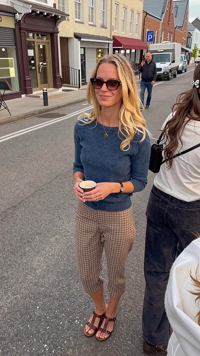 Styling Checked Pants with a Fitted Blue Knit Top