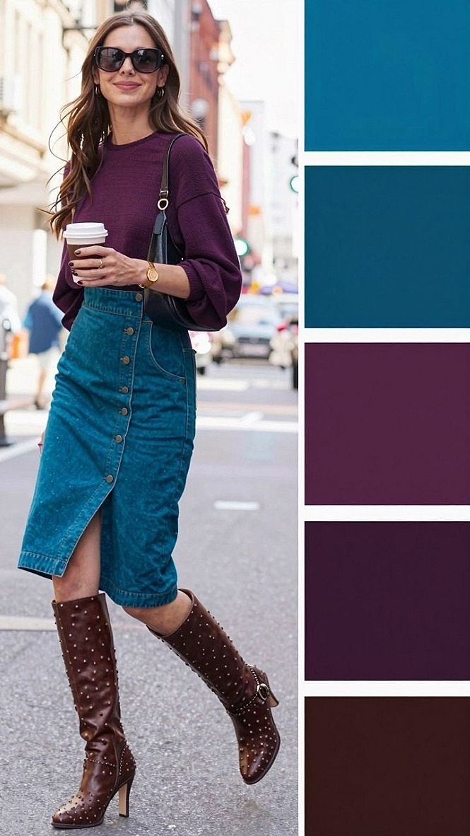 Pairing a Deep Purple Top with a Denim Midi Skirt