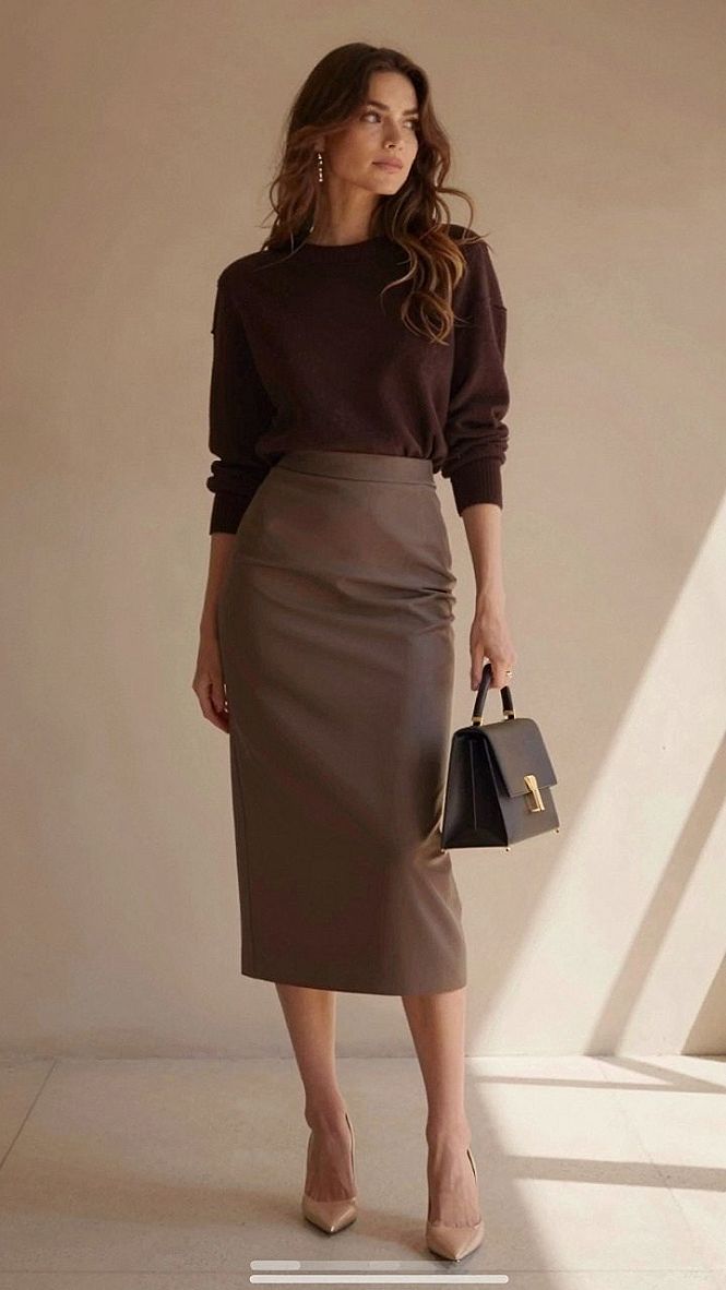 Matching Your Chocolate Leather Skirt with a Simple Brown Crewneck