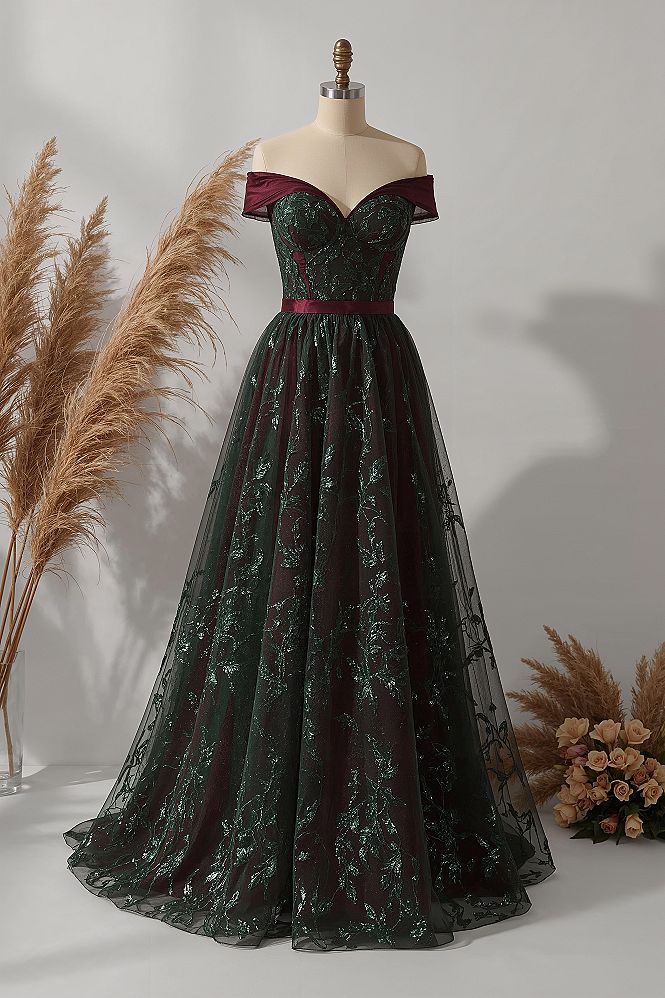 Enchanted Forest Fantasy Gown: Burgundy & Emerald Wedding Dress