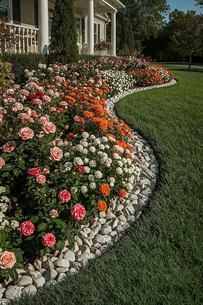 Vibrant Front Yard Landscaping: Colorful Flower Beds & Cottage Charm