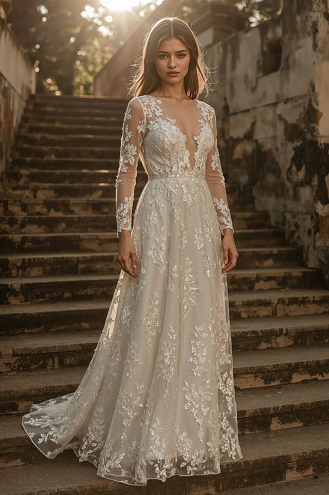 Whimsical Romantic Wedding Dresses: Enchanting Floral Lace A-Line Gowns