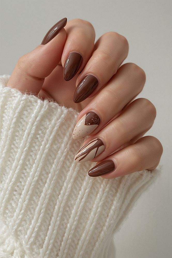 Decadent Coffee Drip Almond Nails: Chic Winter Gel Inspo