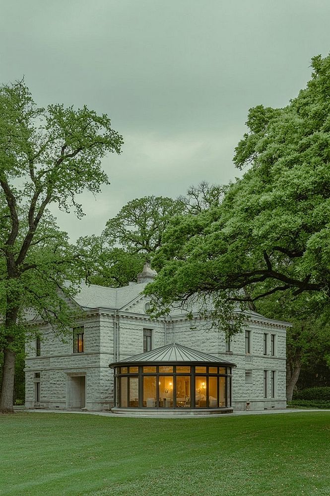 Elegant Stone House with Panoramic Round Sunroom: Luxury Home Yard Design