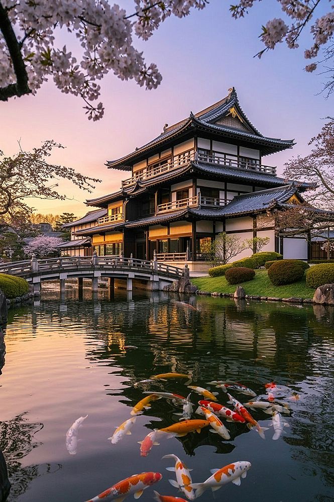Dream Home Inspo: Tranquil Japanese Palace with Koi Pond & Sakura Blooms