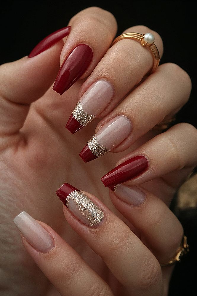 Elegant Red & Gold Formal Nails for Winter Events
