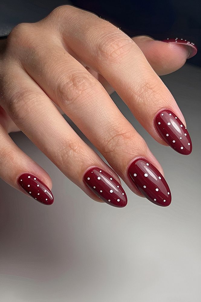 Classic Burgundy Nails With Minimal White Polka Dots