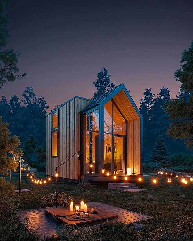 Cozy Modern Tiny House Exterior: Warm Ambiance at Night