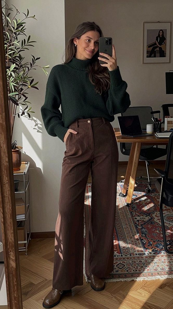 Pairing Rich Fall Sweaters With Wide Leg Trousers