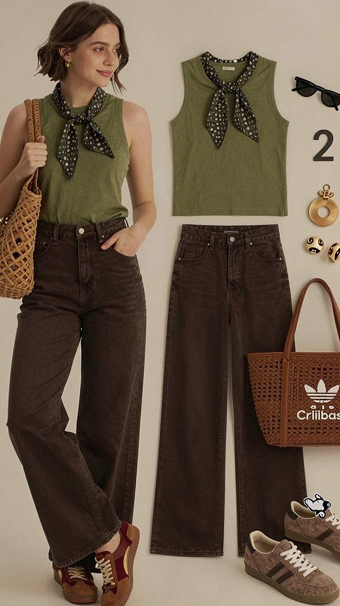 Pairing a Cropped Green Top with Brown Denim Pants