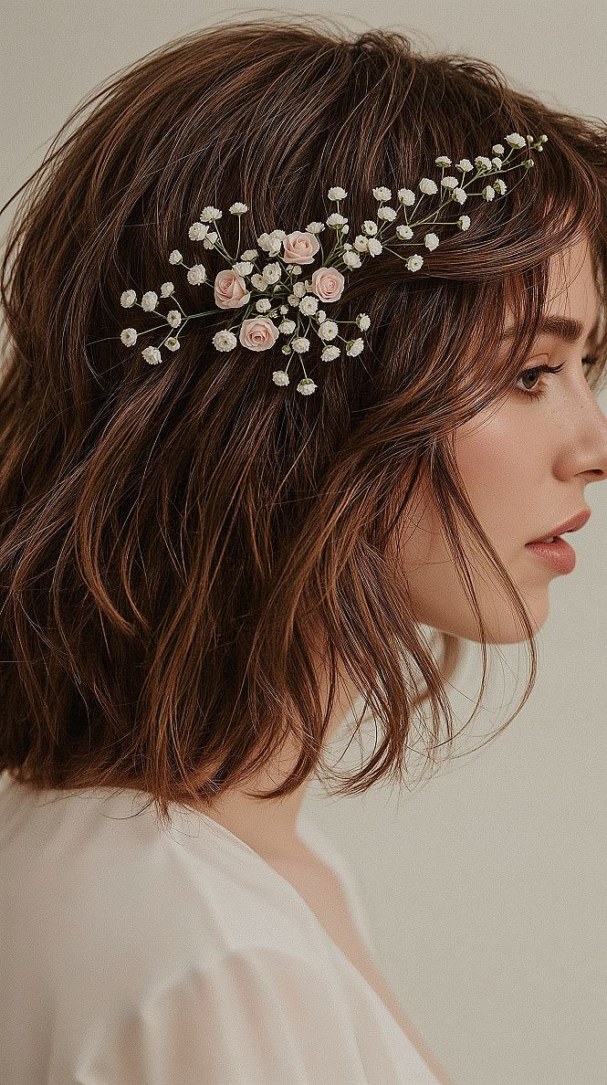 Romantic Shoulder-Length Bridal Hair with Delicate Florals
