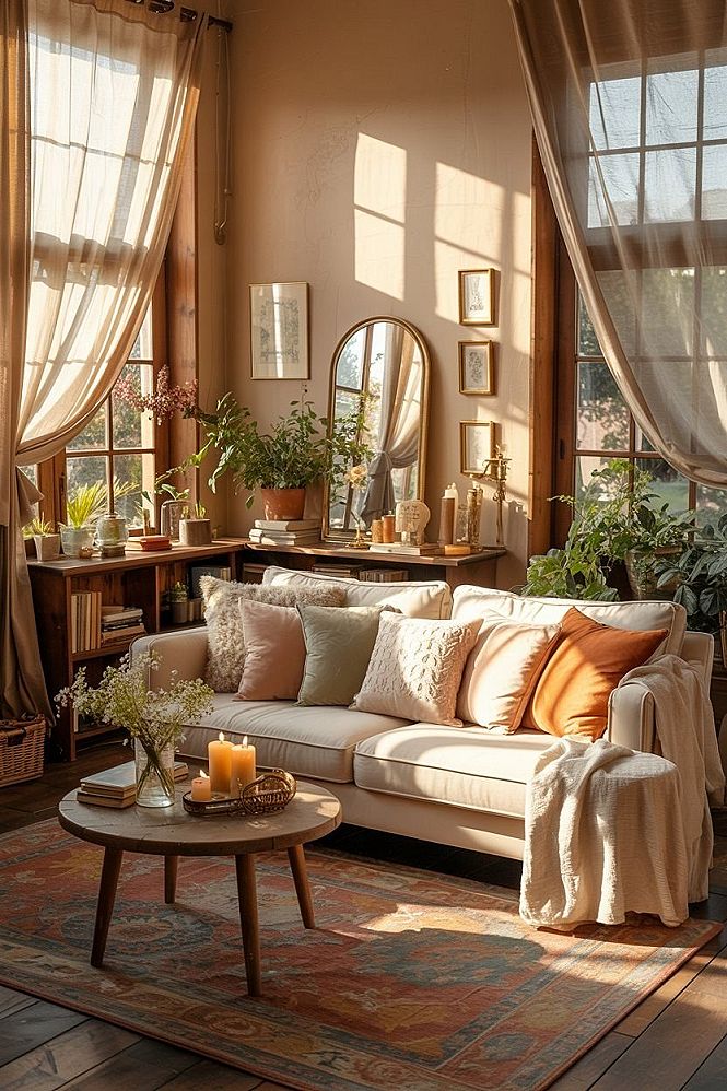 Sunlit Cottage Core Living Room: Cozy Beige & Peach Hues