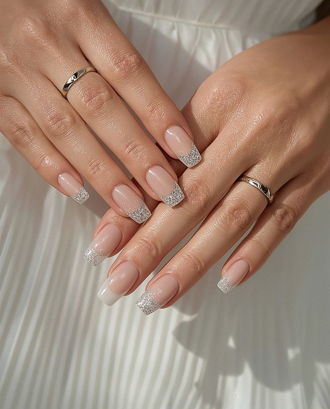 Dainty Glitter French Tip Nails for Engagement Photos