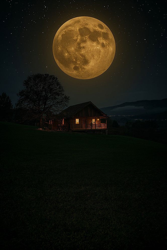 Magical Moonlight Night: Celestial Sky & Cozy Cabin