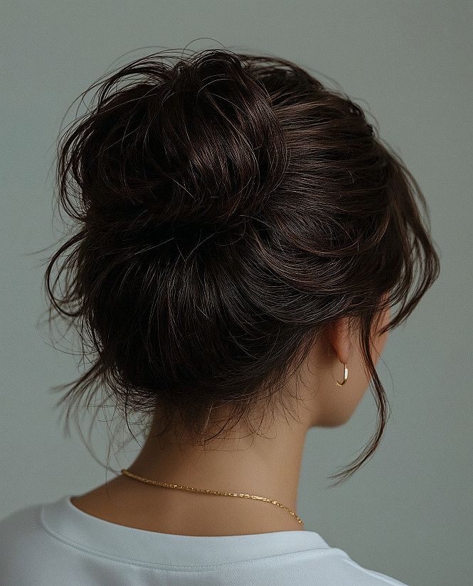 Chic Dark Hair Updo: The Perfect Messy Bun for Wedding Guests