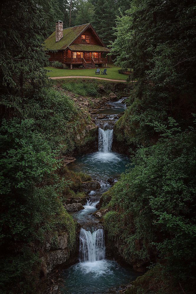 Dreamy Log Cabin Aesthetic with Creekside Charm