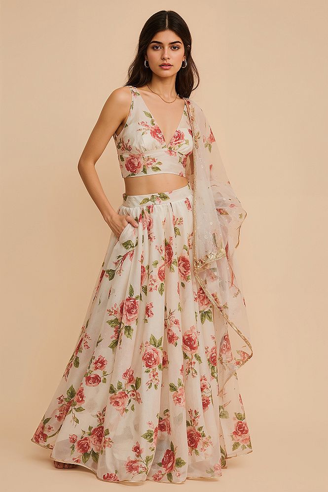 Organza Floral Lehenga: Airy Elegance for Indian Wedding Events