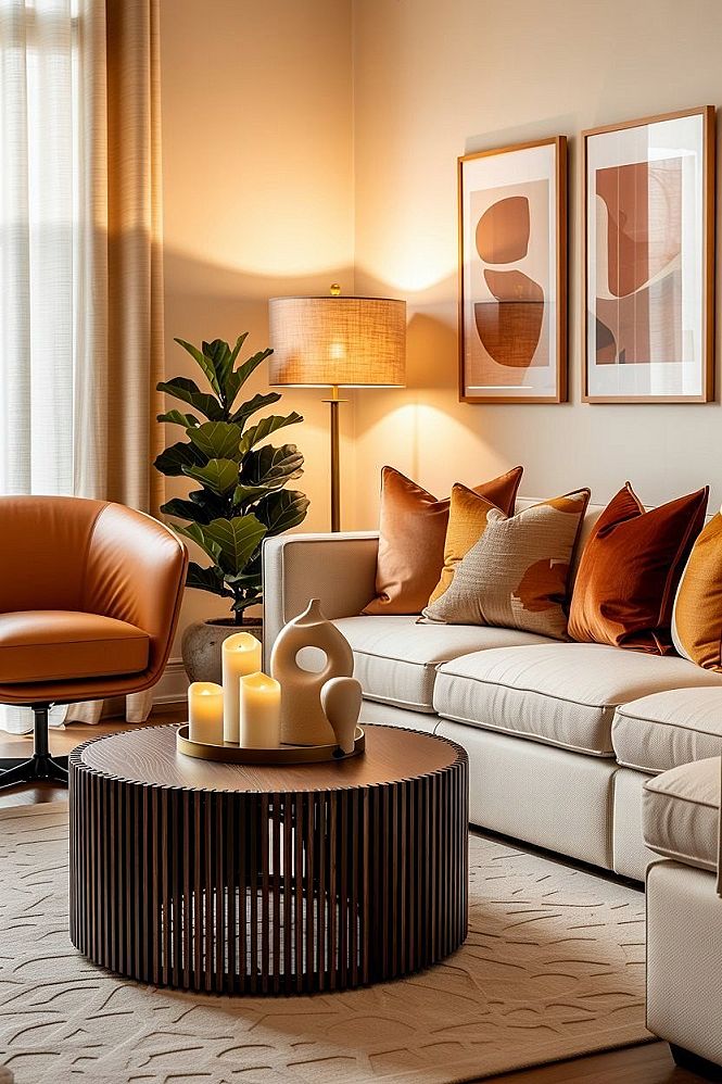 Cozy Modern Living Room: Warm Neutrals & Statement Decor