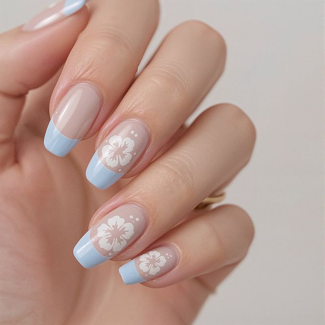 Almond French Tips with White Hibiscus: Summer Nail Art