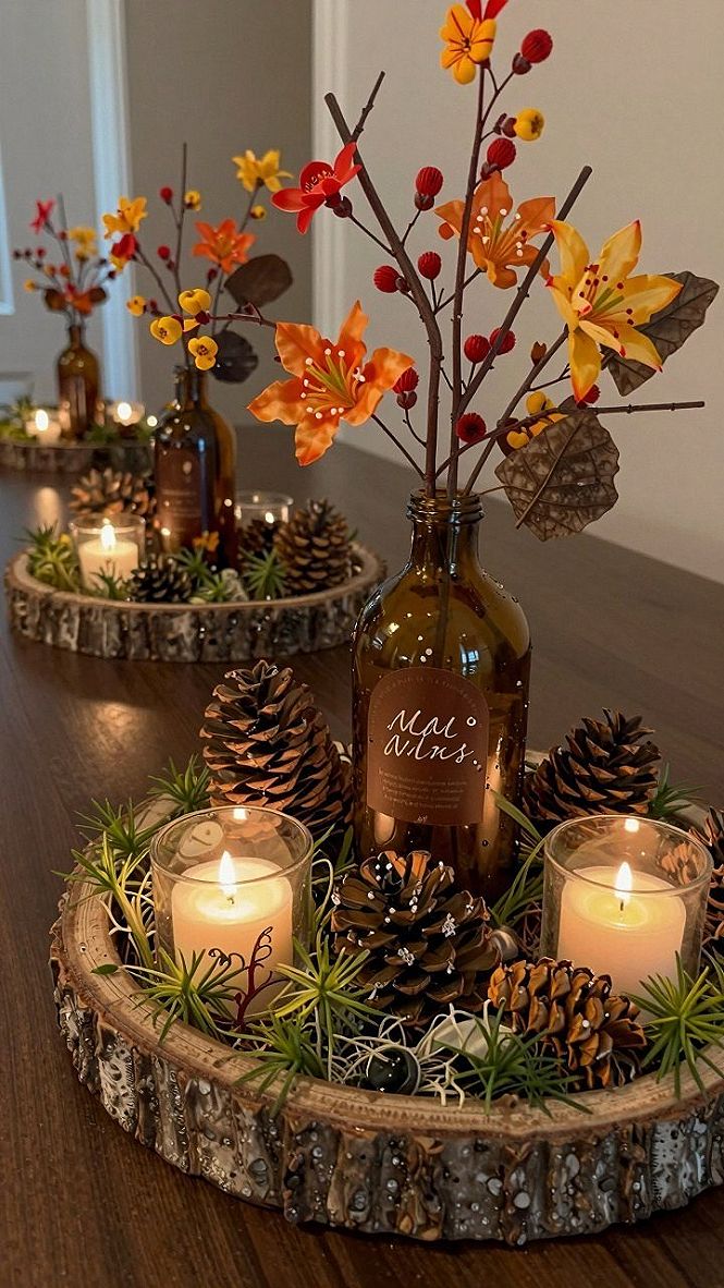 Styling Autumn Centerpieces with Glass Bottles and Wood Slices