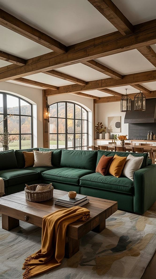 Modern Farmhouse Living Room: Emerald Green & Rustic Beams