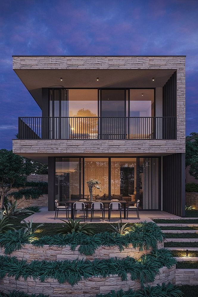 Modern House with Balcony at Dusk: Inspiring Cool Architectural Designs