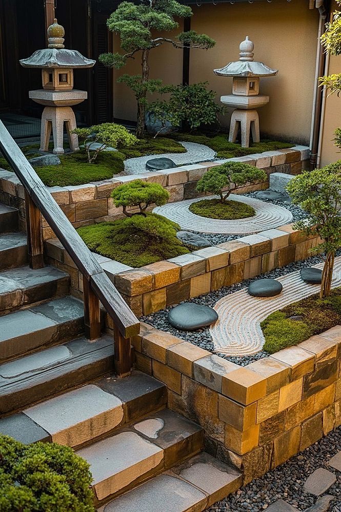 Captivating Tiered Japanese Garden Corner with Elegant Lanterns