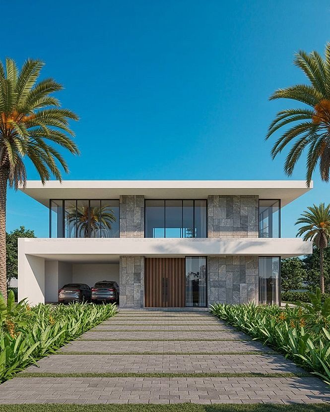 Luxury Modern House Facades: Integrated 2-Car Garage & Stone Accents