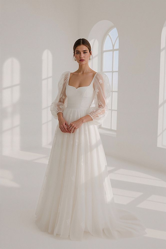 Timeless Elegance: Modest Square Neck A-Line Wedding Dress