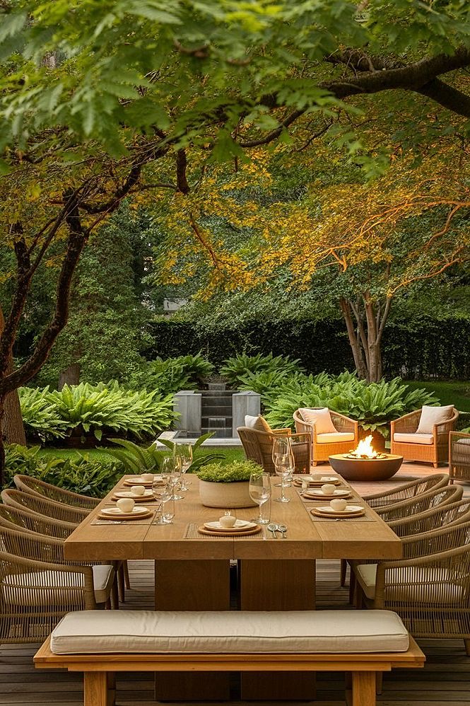 Aesthetic Garden Backyard: Outdoor Dining & Fire Pit Zones