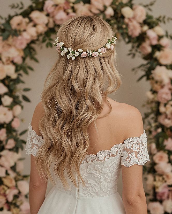Timeless Half Up Wedding Hair with Flowers for Long Wavy Locks