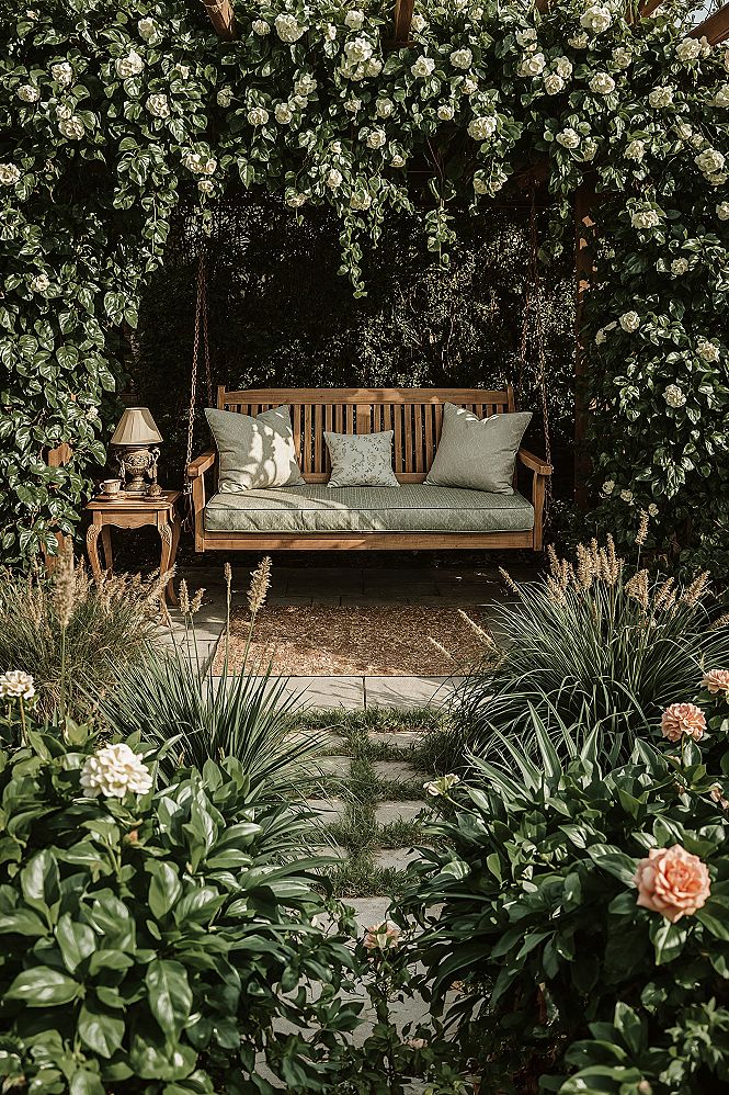 Cozy Garden Swing Nook: Charming Front Home Landscaping Ideas